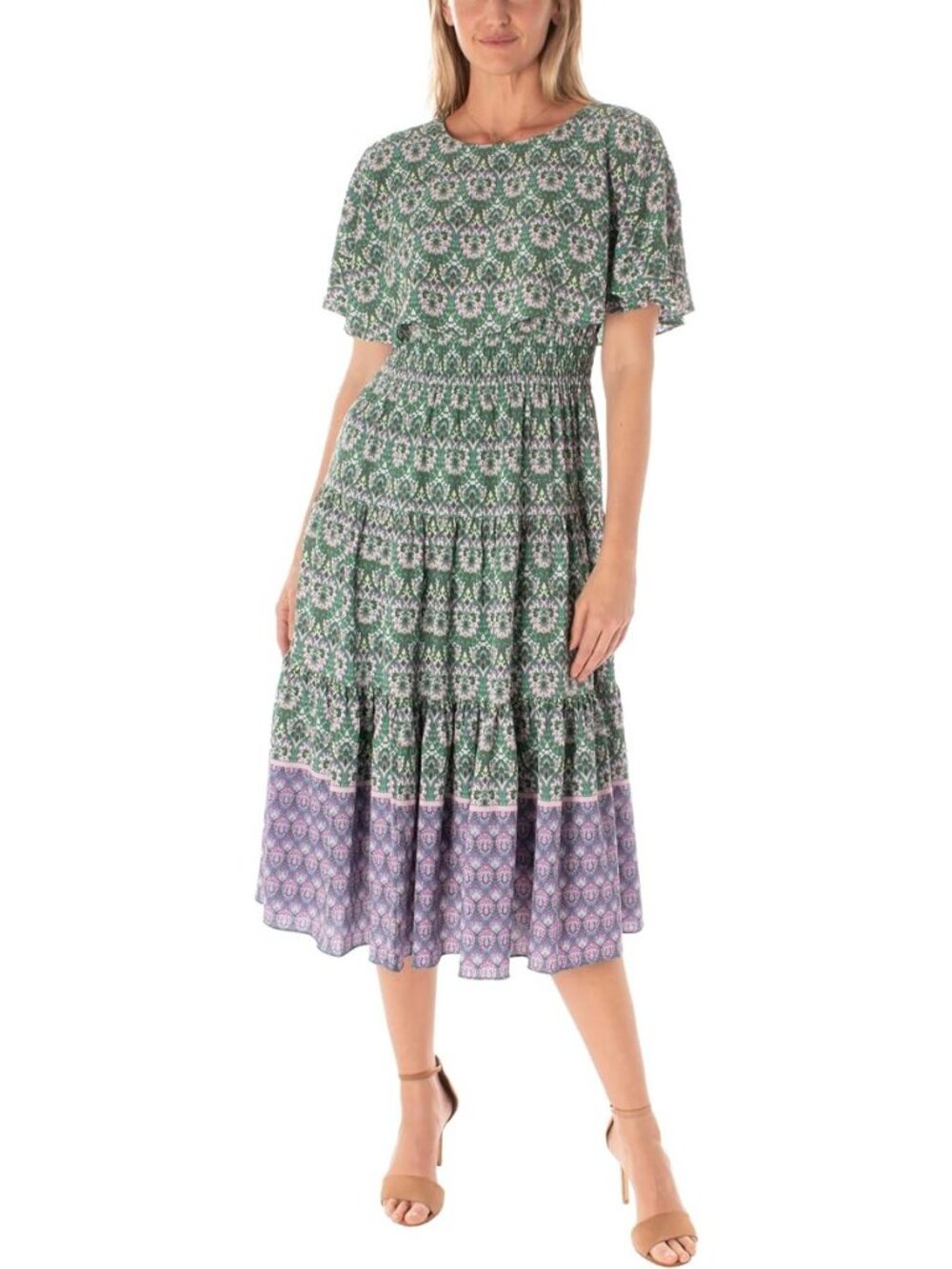 Maison Tara Womens Printed Tiered Fit & Flare Dress Peacock/Violet Size 14 NWT